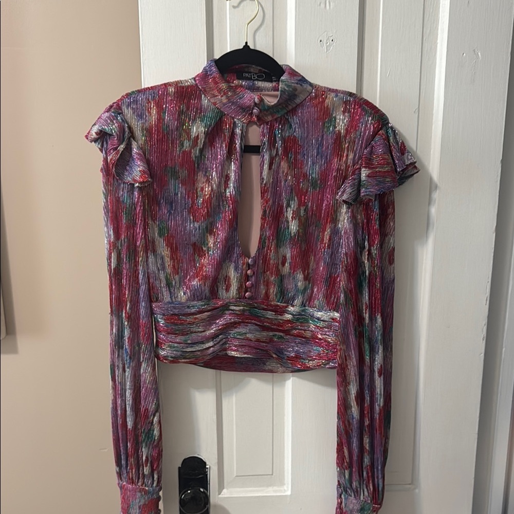 PatBO Purple and Red Ruffled Crop Blouse